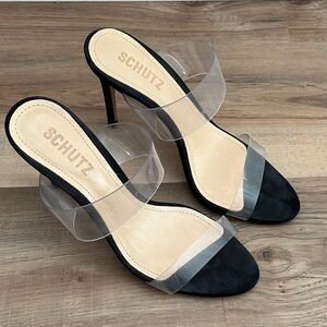 SCHUTZ Black Suede Clear-Strap Stiletto Mules